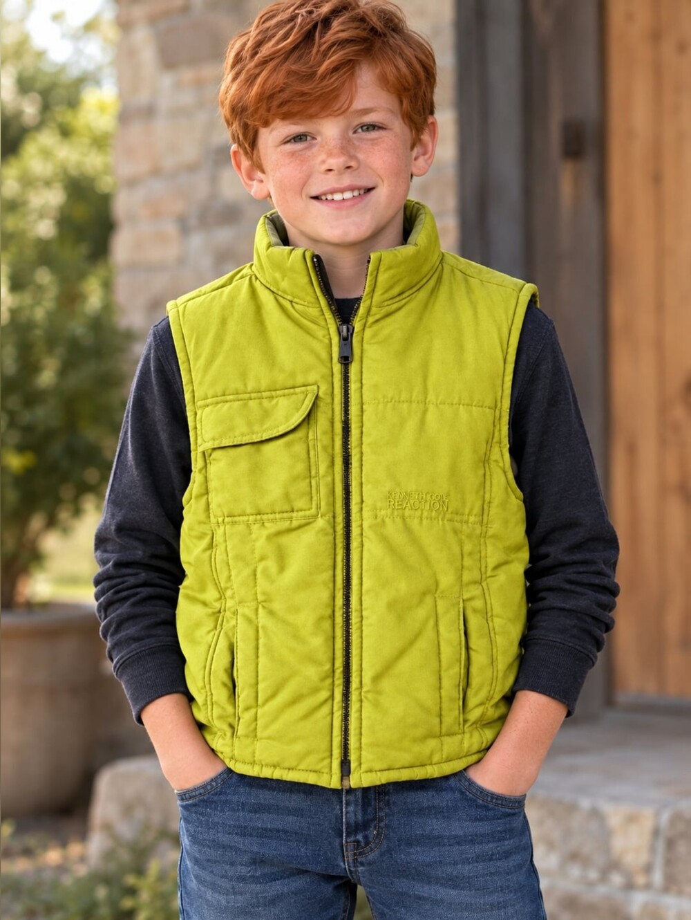 Kenneth Cole Reaction Boys Sz 7 Puffer Vest Full Zip Chartreuse Lime Green